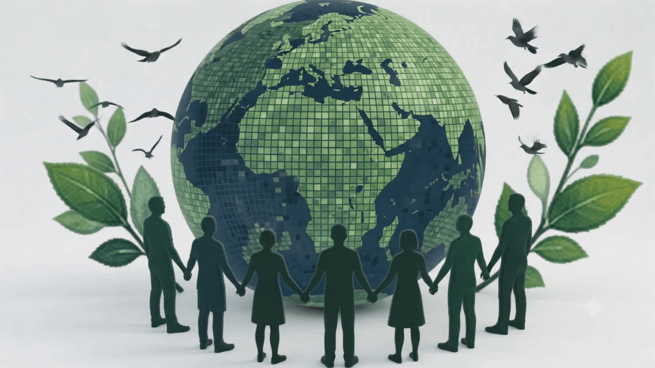 Community holding hands in front of a global sustainability map